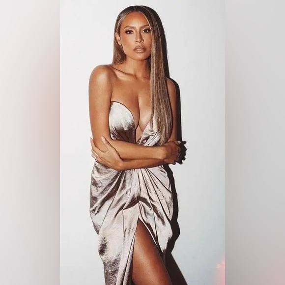 House Of CB 'Sigourney' Mink Satin Draped Front Maxi Dress NWOT - Picture 9 of 15